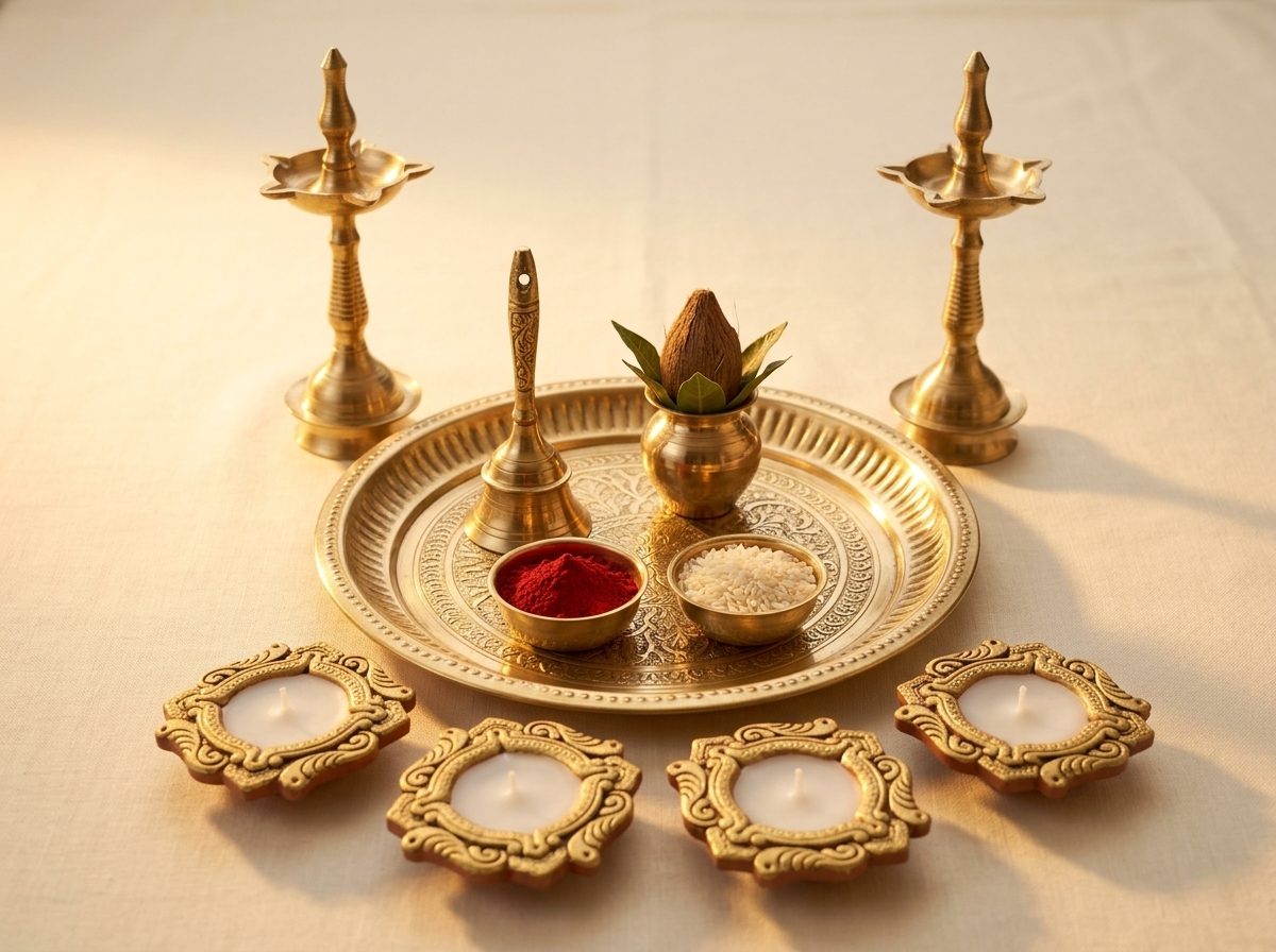 Engraved brass puja thali with bell, kalash and bowls of roli and rice, flanked by cast brass oil lamps and gold-embossed clay diyas