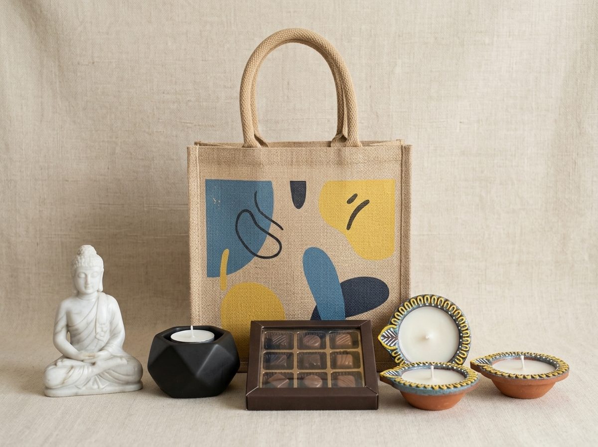 White marble Buddha figure with a matte black ceramic tealight holder, chocolate box, hand-painted diyas and a printed jute bag