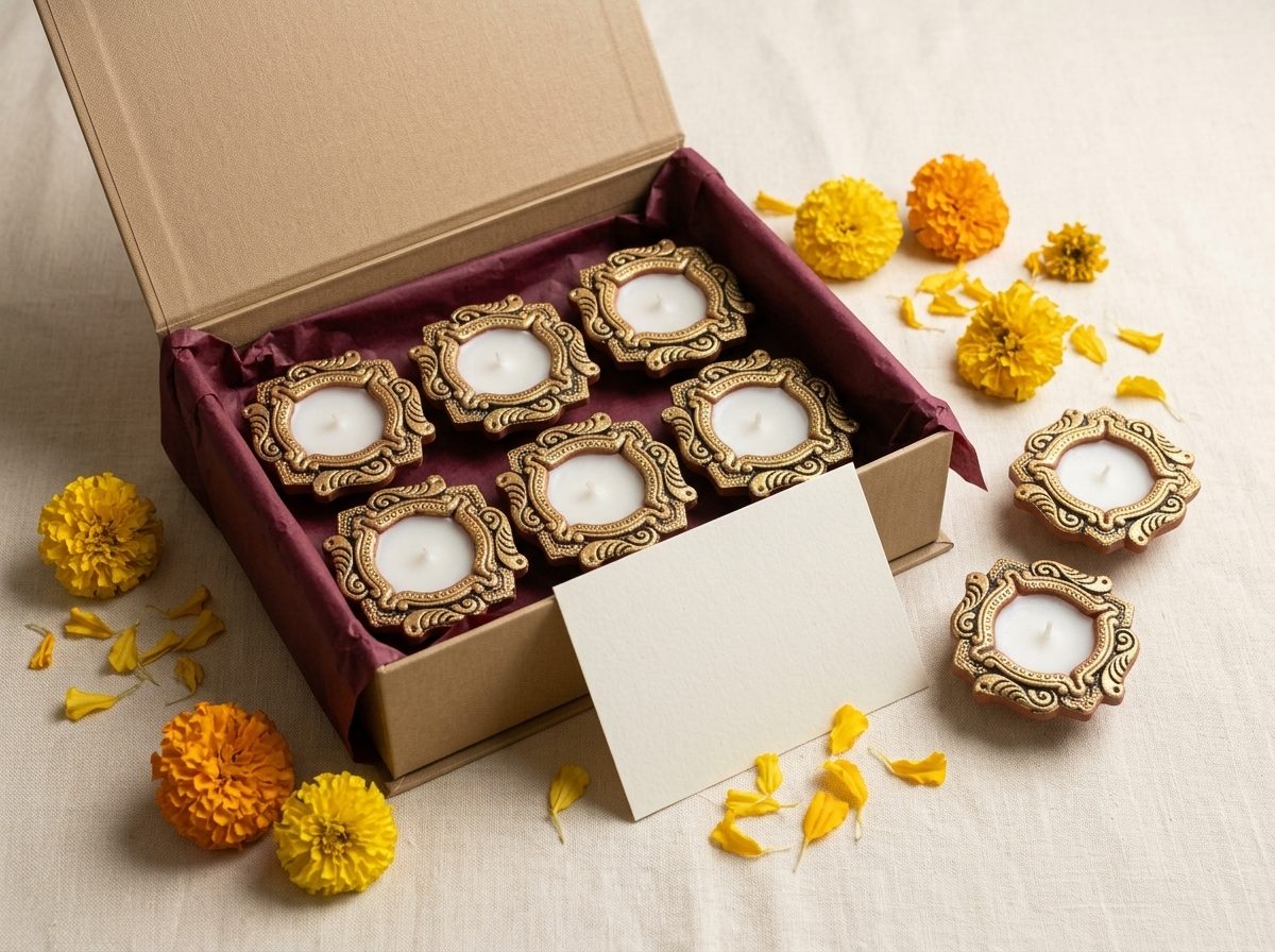 Open gift box lined in maroon holding six gold-embossed hand-painted clay diyas filled with wax, with marigolds and a blank card