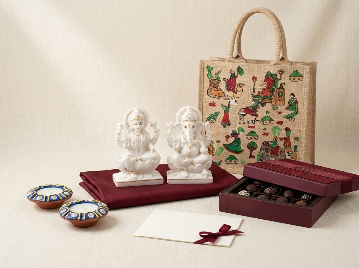 White marble Lakshmi and Ganesha idol pair on a maroon silk runner with a chocolate box, blue hand-painted diyas and a ribboned card