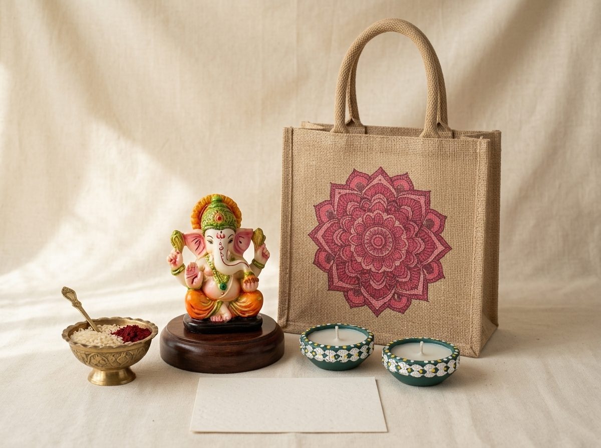 Hand-painted Ganesha idol on a wooden base with teal hand-painted diyas, a brass bowl of rice and vermilion, and a printed jute bag
