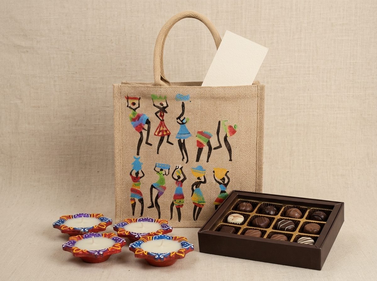 Printed jute tote bag with hand-painted clay diyas and an assorted chocolate box arranged beside it